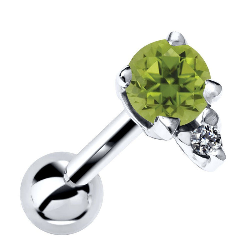 14k white gold helix stud with genuine peridot and diamond accent, front view
