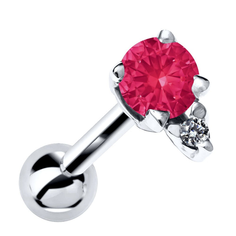 14k white gold cartilage stud with genuine ruby and diamond accent, front view