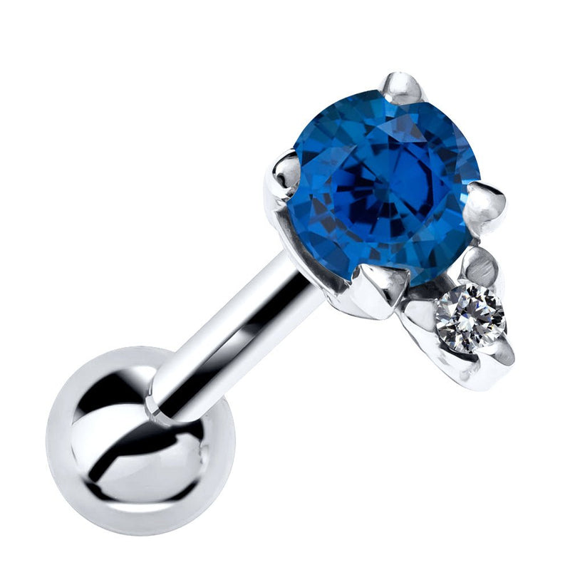 14k white gold cartilage stud with genuine blue sapphire and diamond accent