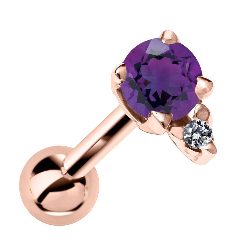14k rose gold cartilage stud with genuine amethyst and diamond accent, front view