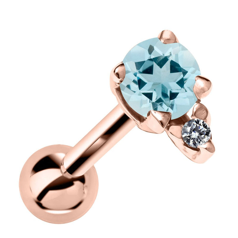 14k rose gold cartilage stud with genuine aquamarine and diamond accent, front view