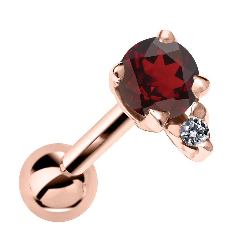 14k rose gold helix stud with genuine deep red garnet and diamond accent