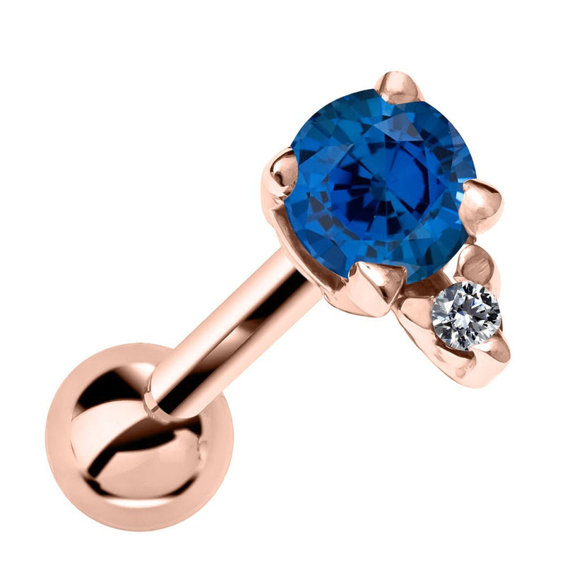 14k rose gold cartilage stud with genuine sapphire and diamond accent, front view