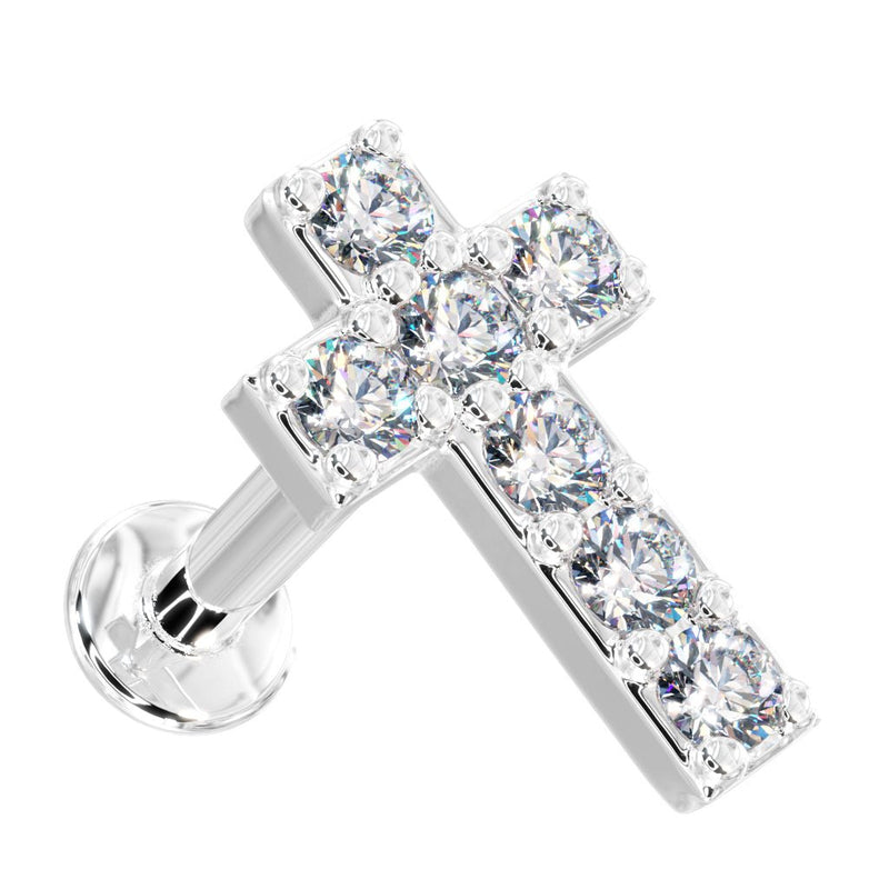 14k white gold diamond cross flat back stud, front-angled view highlighting 7 brilliant-cut diamonds
