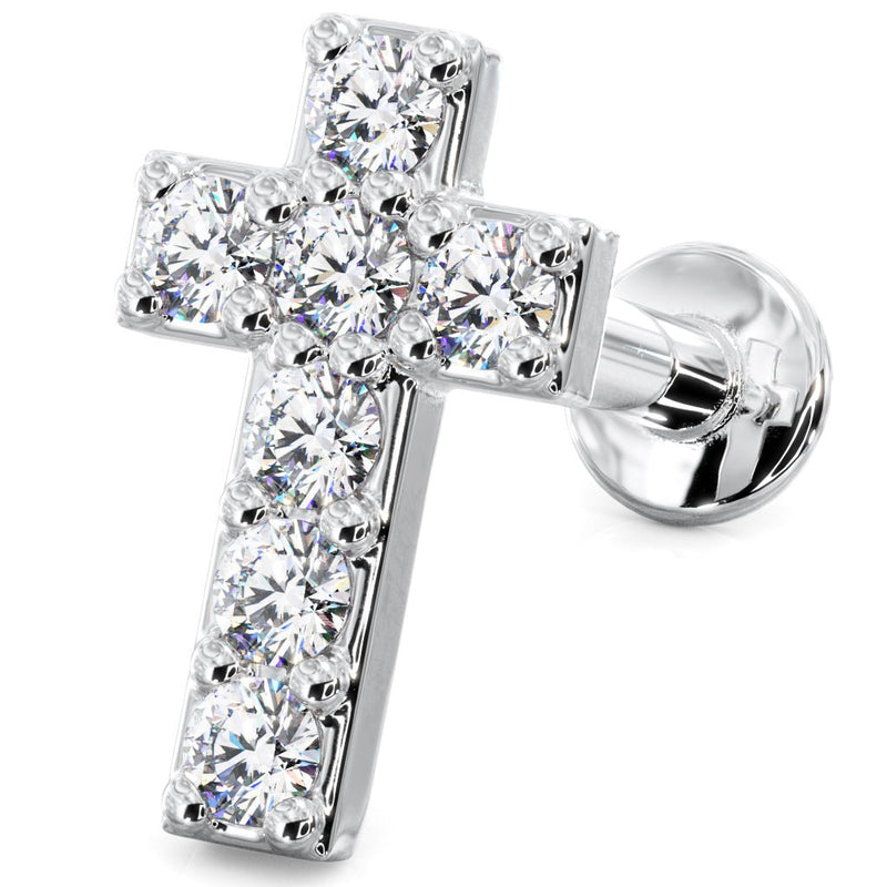 14k white gold diamond cross cartilage stud, angled view showing prong-set diamonds and flat back post