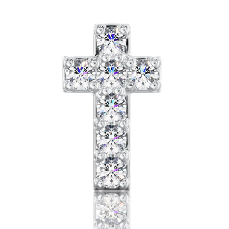 Direct front view of 14k white gold diamond cross labret top showing all 7 prong-set round diamonds