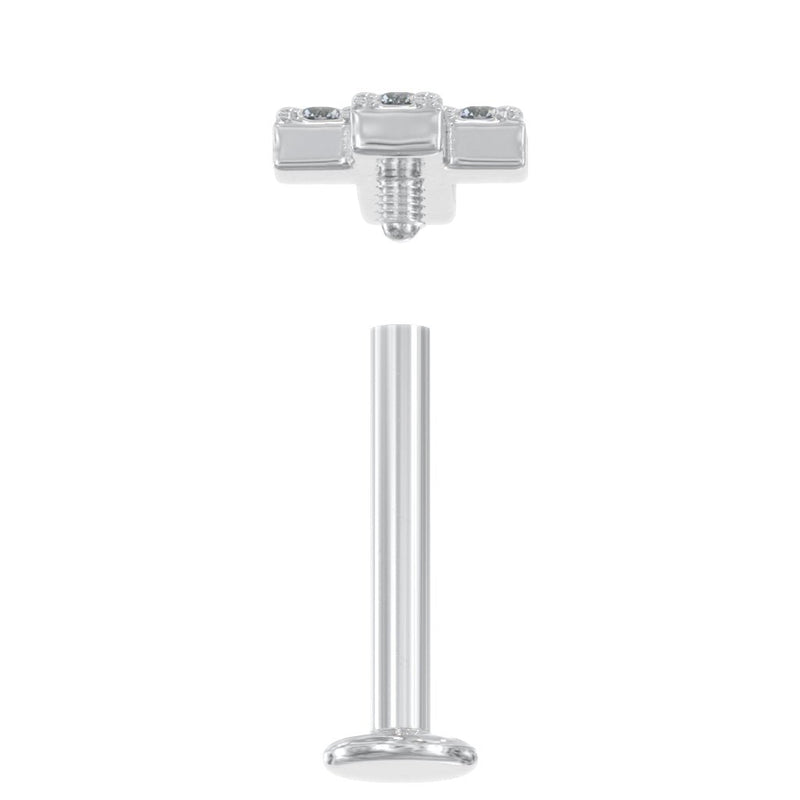 Disassembled view of diamond cross labret showing internally threaded top and flat back post separately