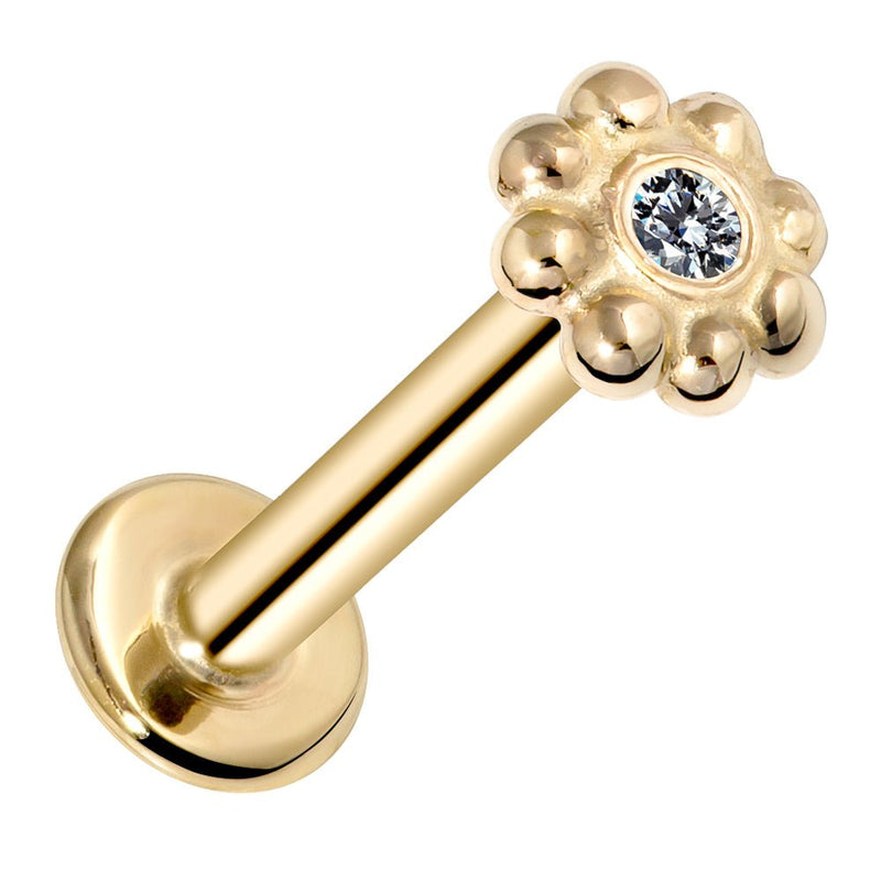 14k yellow gold diamond flower flat back labret stud with bezel-set VS1 diamond, angled product view