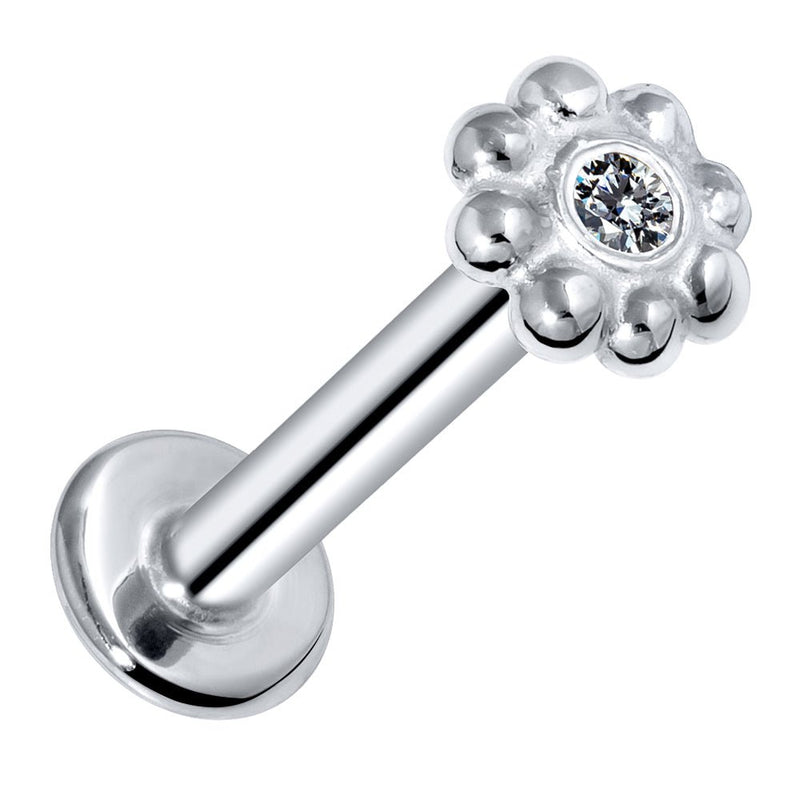 14k white gold diamond flower flat back labret stud with bezel-set VS1 diamond, angled product view