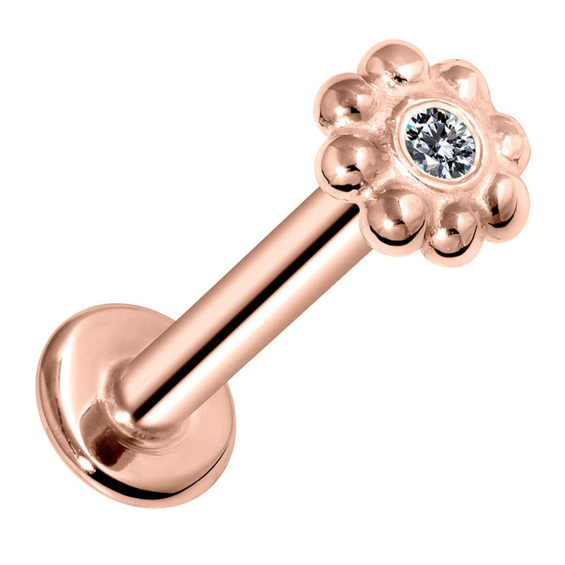 14k rose gold diamond flower flat back labret stud with bezel-set VS1 diamond, angled product view