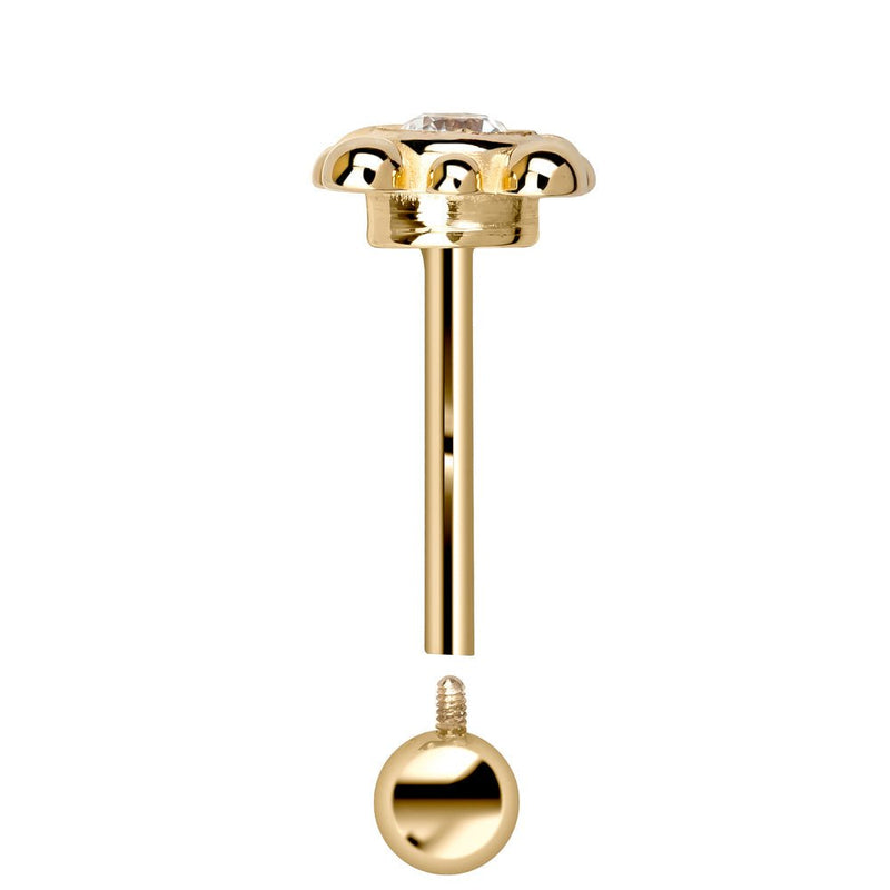 Reverse view of 14k yellow gold beaded bezel cartilage stud showing post and threaded ball