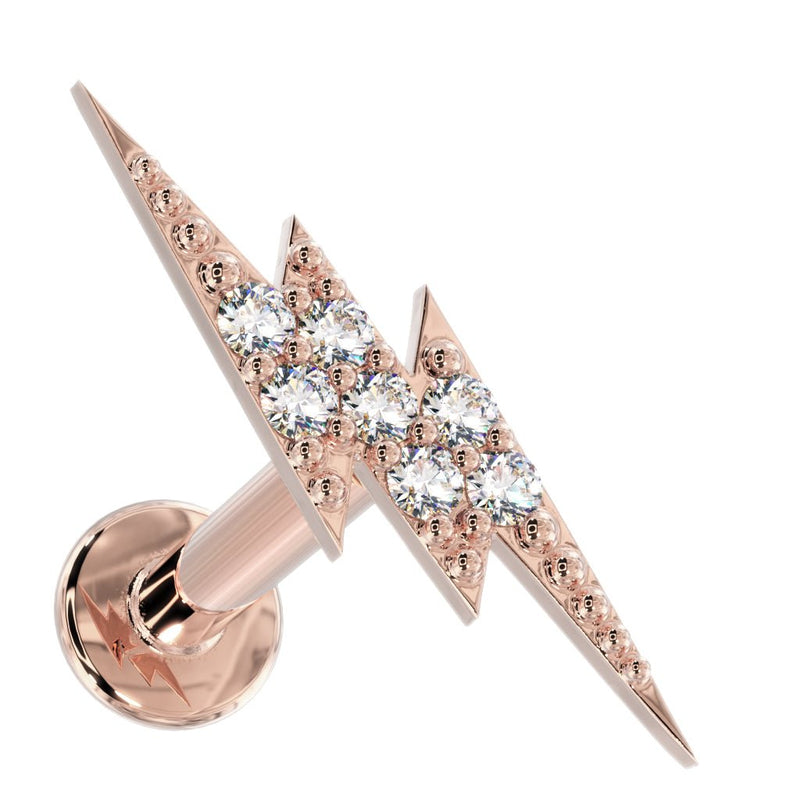 14k rose gold diamond pavé lightning bolt flat back stud, angled view showing warm pink gold tone