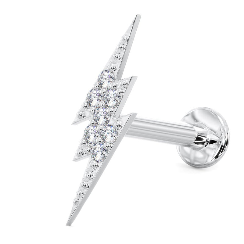 14k white gold diamond pavé lightning bolt flat back labret, front-facing angled view with post