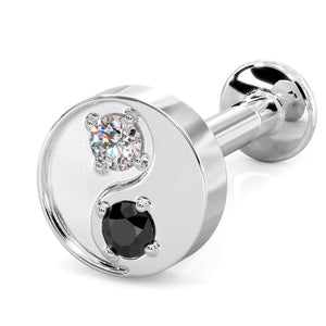 14k white gold yin yang flat back stud with black and white diamond, angled view showing post