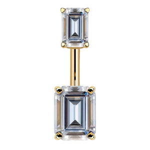 14k yellow gold belly ring with double emerald-cut clear CZ stones in four-prong settings, front view