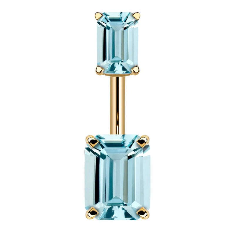14k yellow gold belly ring with double emerald-cut light blue CZ stones in four-prong settings, front view