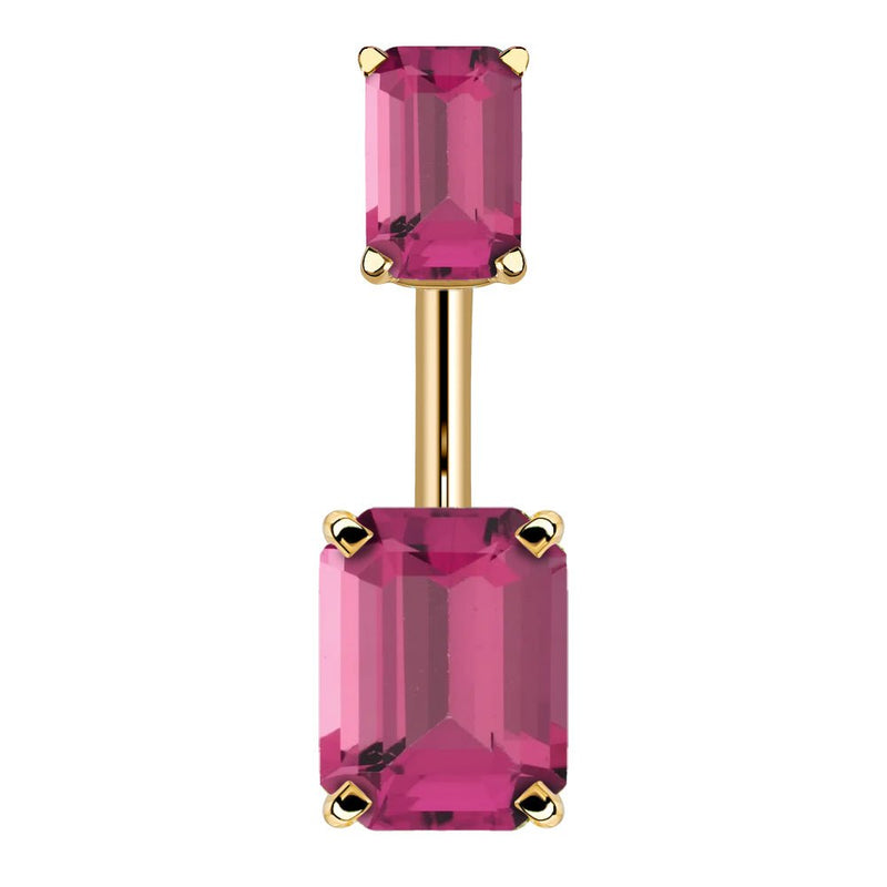 14k yellow gold belly ring with double emerald-cut pink CZ stones in four-prong settings, front view