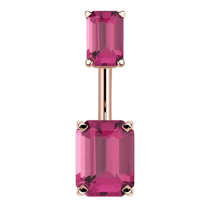 14k rose gold belly ring with double emerald-cut pink CZ stones in four-prong settings, front view