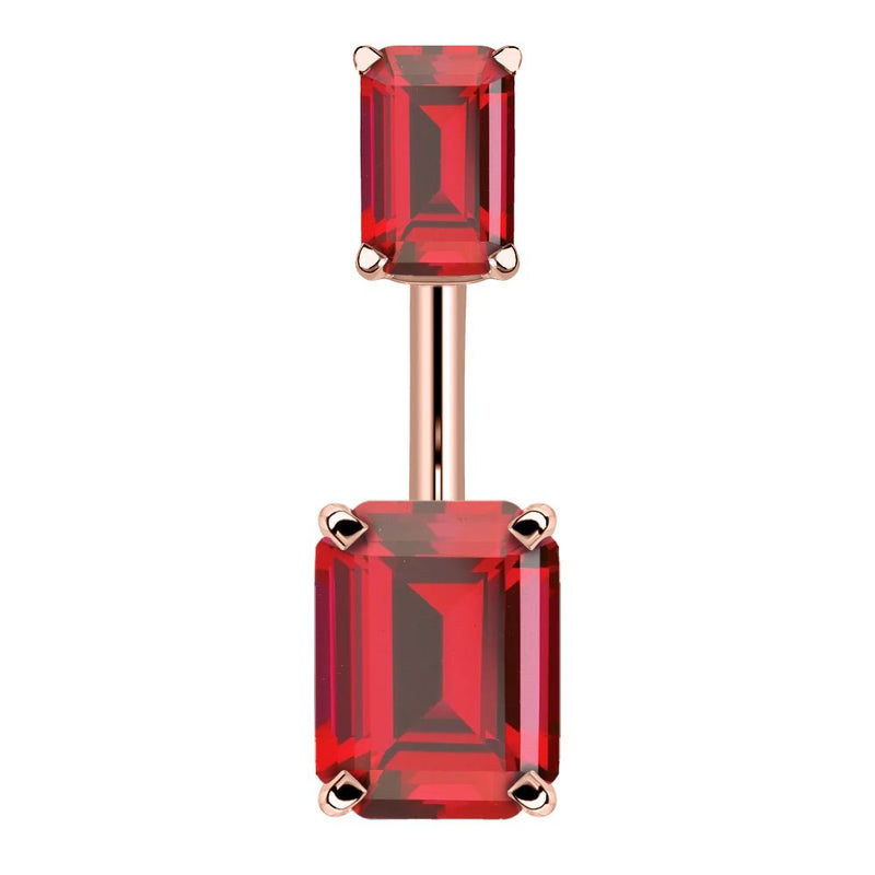 14k rose gold belly ring with double emerald-cut red CZ stones in four-prong settings, front view
