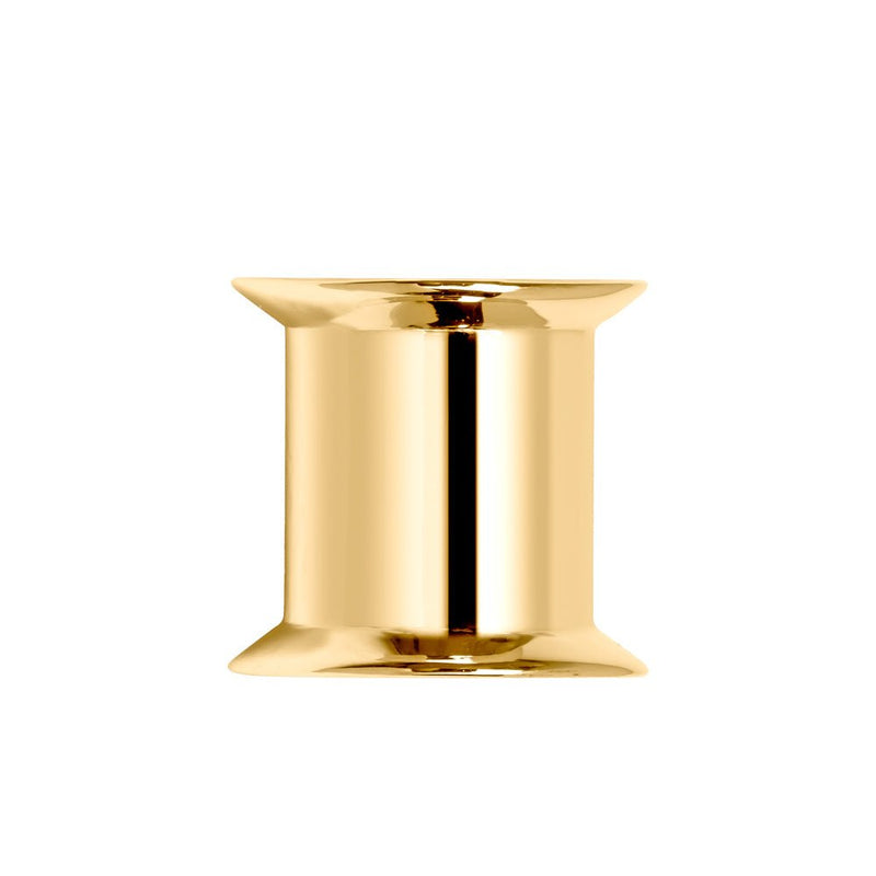 14k yellow gold double flare tunnel plug, straight-on front view showing polished barrel and flared edges