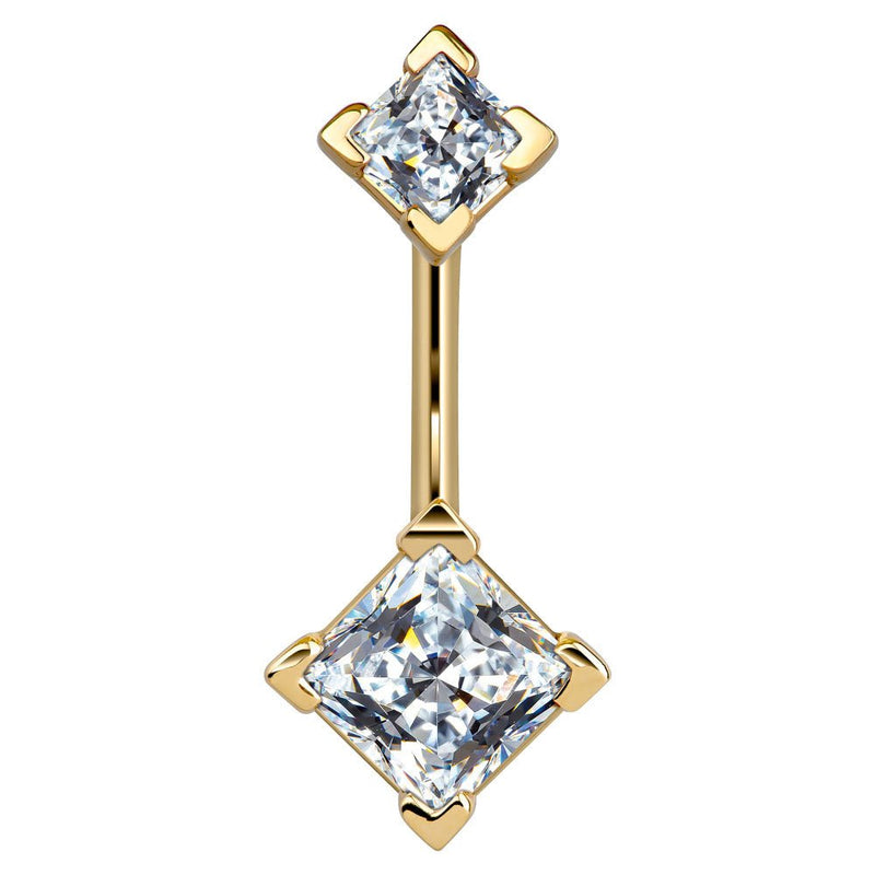 14k yellow gold belly ring with double clear princess-cut CZ gems in four-prong settings, front view