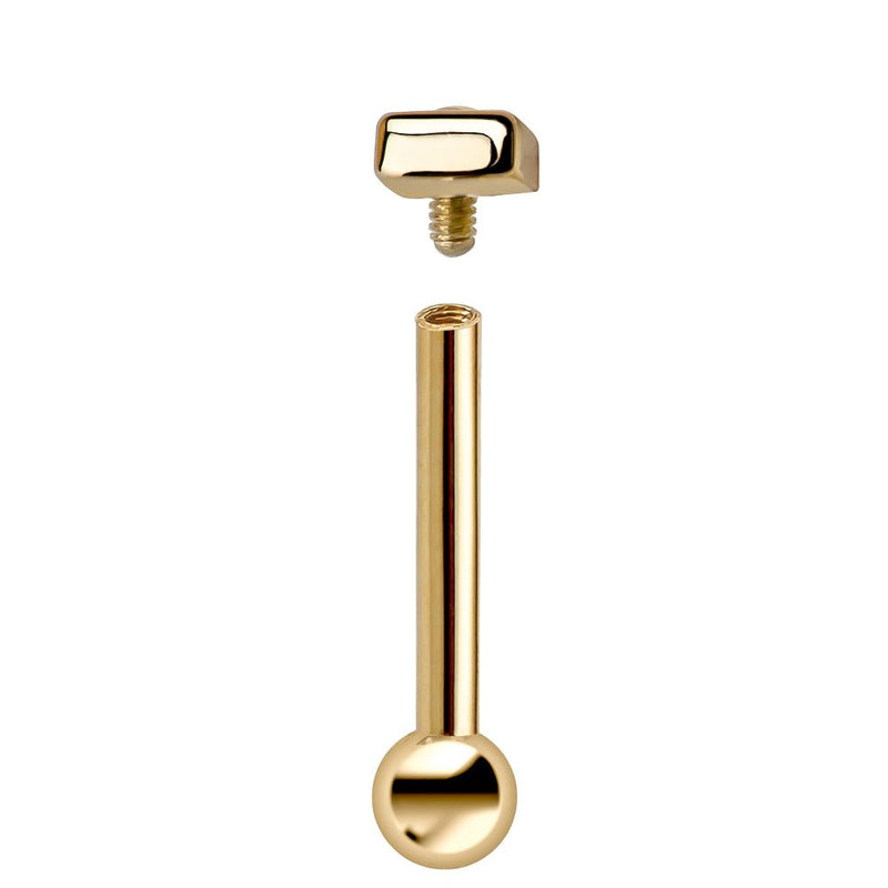 14k yellow gold square cartilage stud disassembled, showing internally threaded barbell and square top