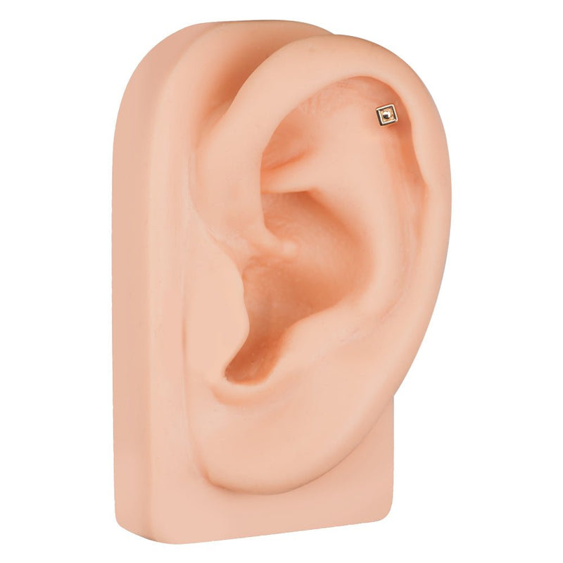 14k rose gold square cartilage stud shown in helix piercing on ear model for placement reference
