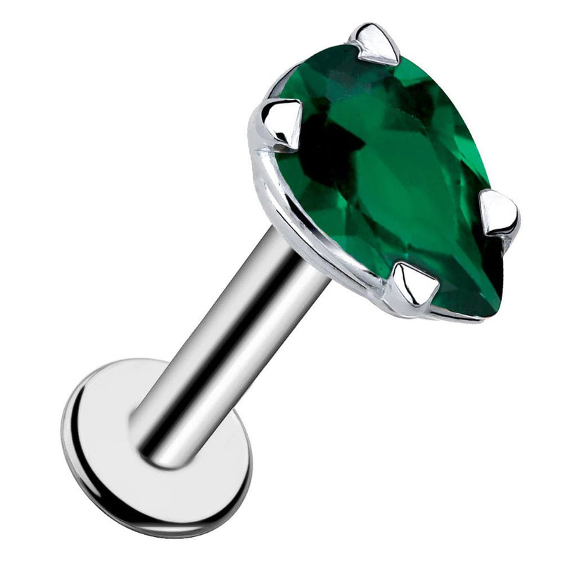 14k white gold flat back labret with pear-cut genuine emerald in prong setting, angled product view