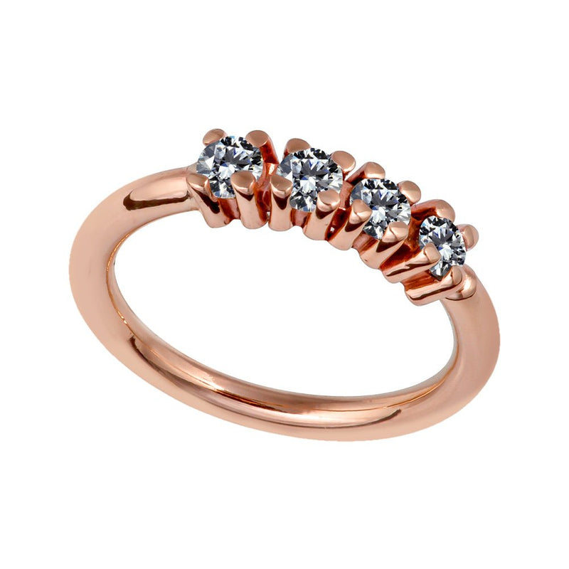14K rose gold four-diamond side-set seam ring hoop, angled view on white background