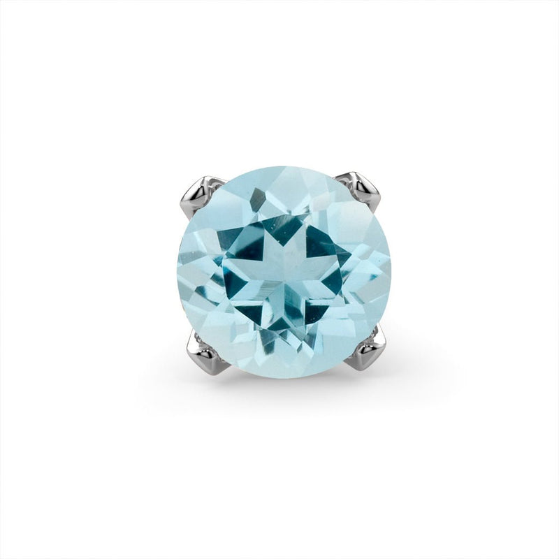 Close-up of genuine aquamarine gemstone in four-prong white gold setting, front view