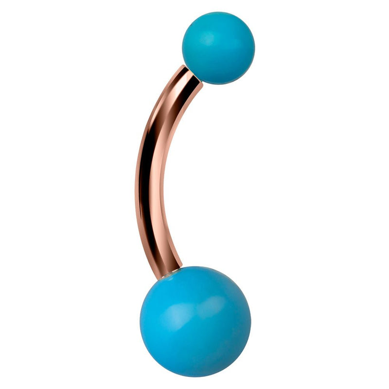 Turquoise classic navel ring in 14k rose gold, angled view showing curved barbell shape