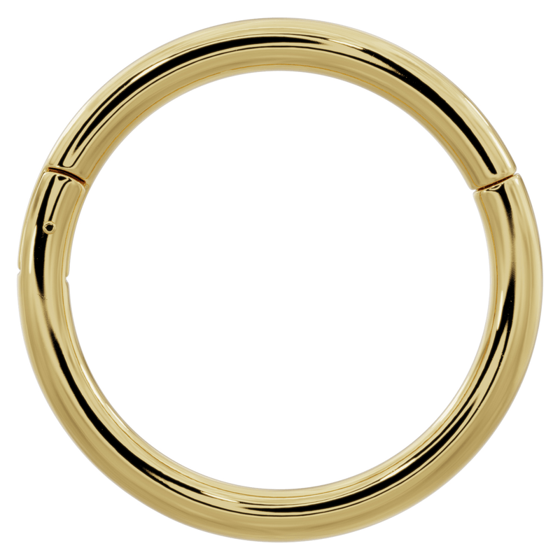 14k yellow gold plain clicker ring hoop, straight-on front view highlighting bright polished surface