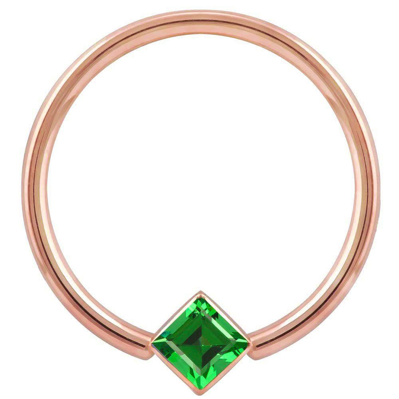 14k rose gold fixed bead ring with green princess-cut CZ in corner bezel setting, front view