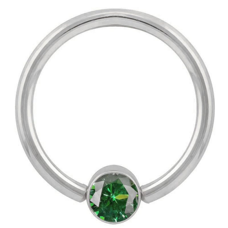 14k white gold fixed bead ring with emerald green round-cut CZ in bezel setting, front view
