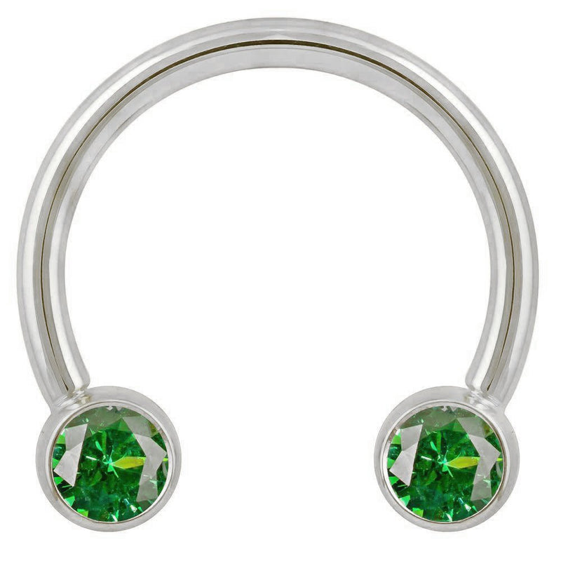 14k white gold circular barbell with dual green CZ bezel-set ends, front view