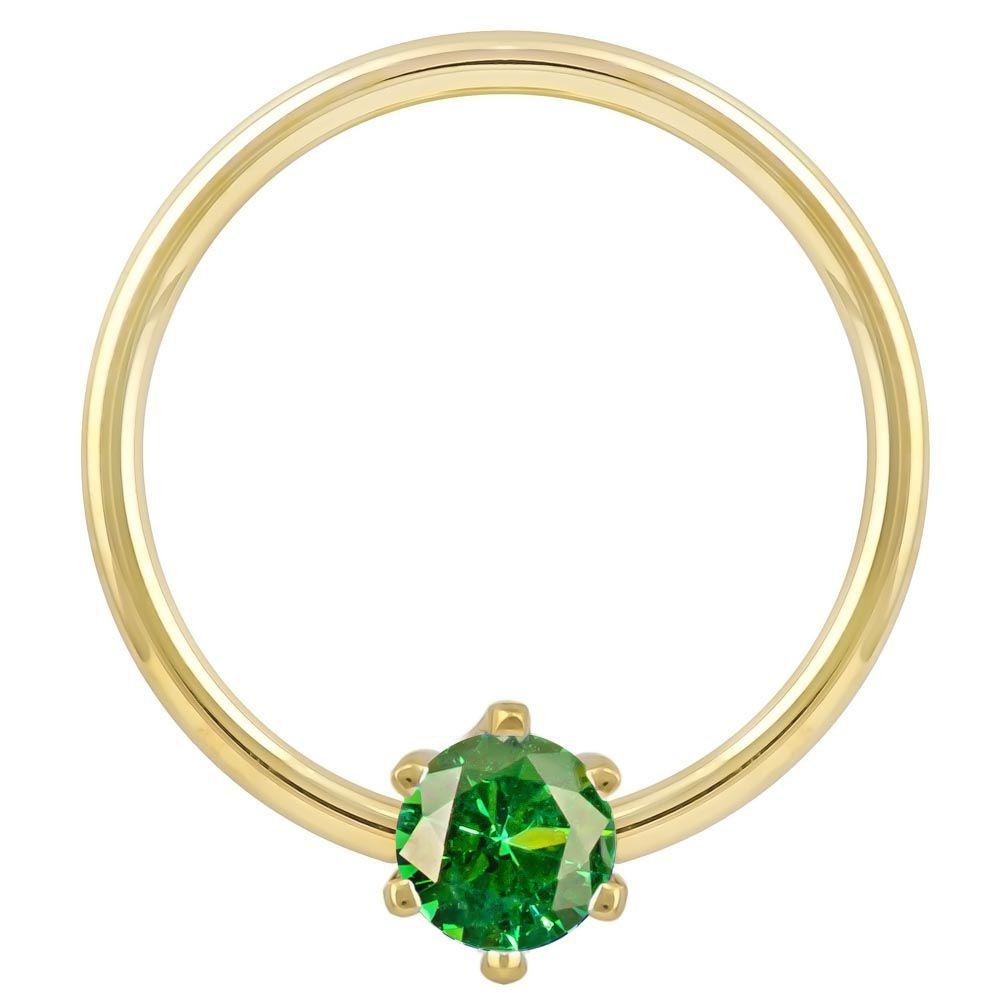 Green Cubic Zirconia Round Prong 14k Gold Captive Bead Ring-14K Yellow Gold   12G (2.0mm)   3 4" (19mm)