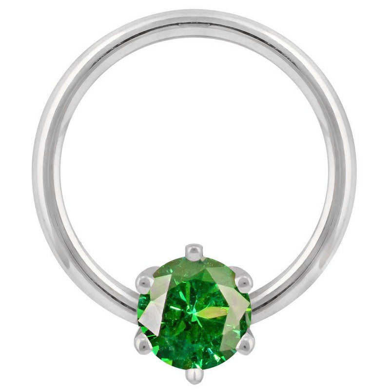 14k white gold piercing hoop with emerald green cubic zirconia prong set, angled front view