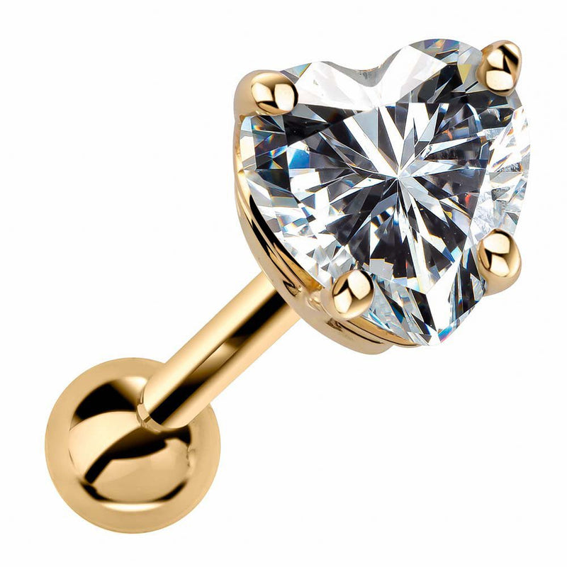 14k yellow gold heart cartilage stud with clear cubic zirconia, angled view showing 4-prong basket setting