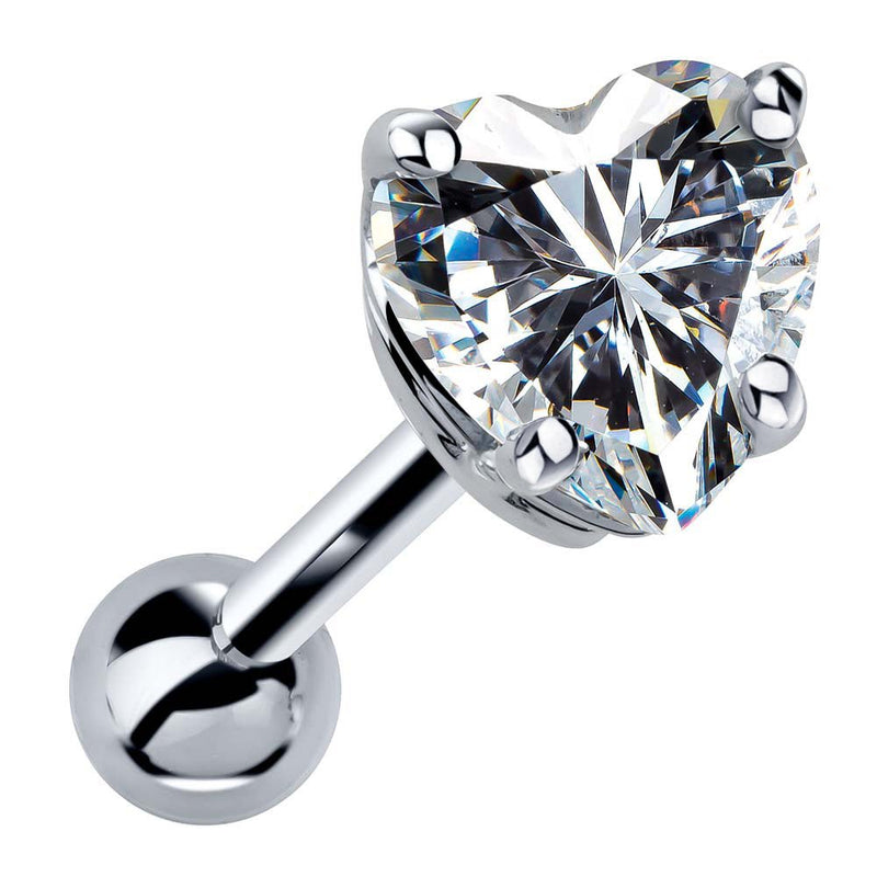 14k white gold heart cartilage stud with clear cubic zirconia, angled view showing 4-prong setting