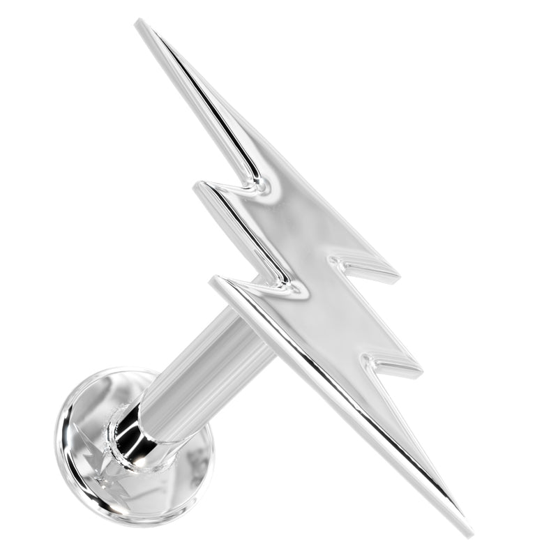14k white gold lightning bolt flat back labret stud, angled view showing polished silver-tone bolt shape