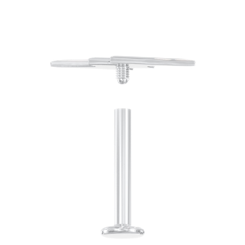 Disassembled flat back labret showing internally threaded post separated from lightning bolt top end