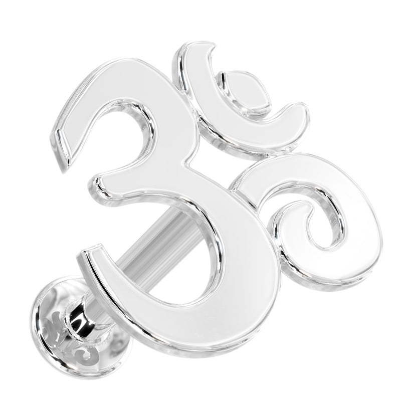 14k white gold Om symbol flat back labret stud, angled view showing post and flat disc backing