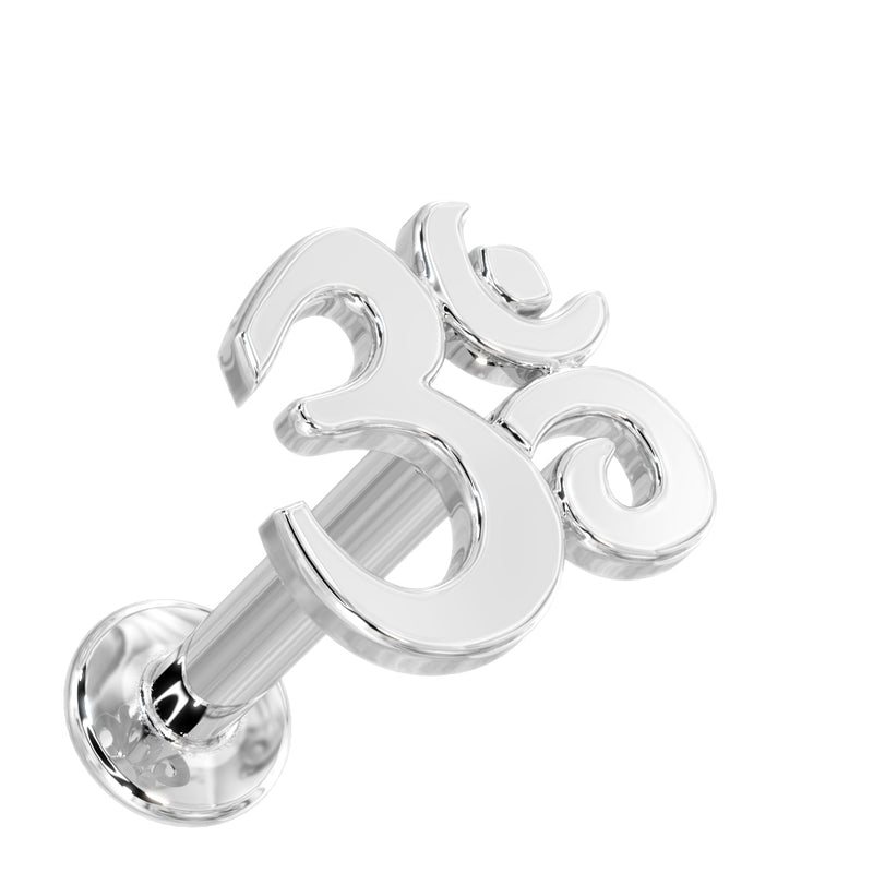 14k white gold Om symbol flat back labret stud, front-angled view on white background