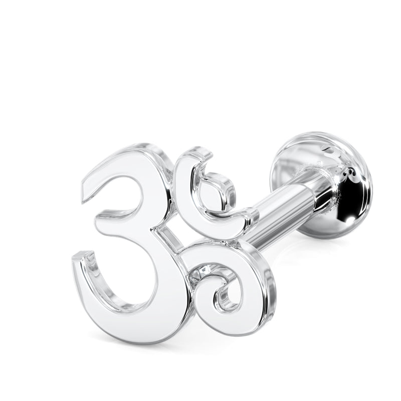 14k white gold Om ohm flat back labret stud, angled view showing post and round flat back disc