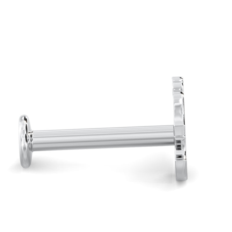 Side profile of Om flat back labret stud showing post length and flat disc backing thickness