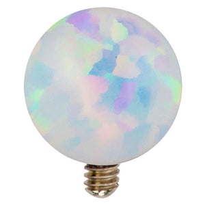 White synthetic opal 14k yellow gold internally threaded replacement ball showing gold screw post
