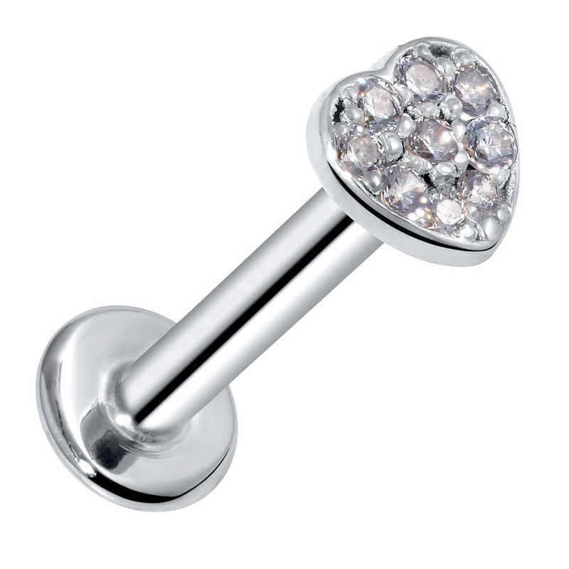 14k white gold CZ paved heart flat back labret stud, angled view showing polished post and disc
