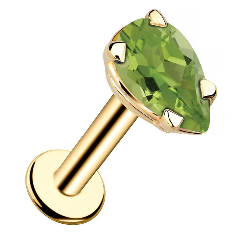 14k yellow gold peridot pear-shaped flat back labret stud with prong setting, angled product view