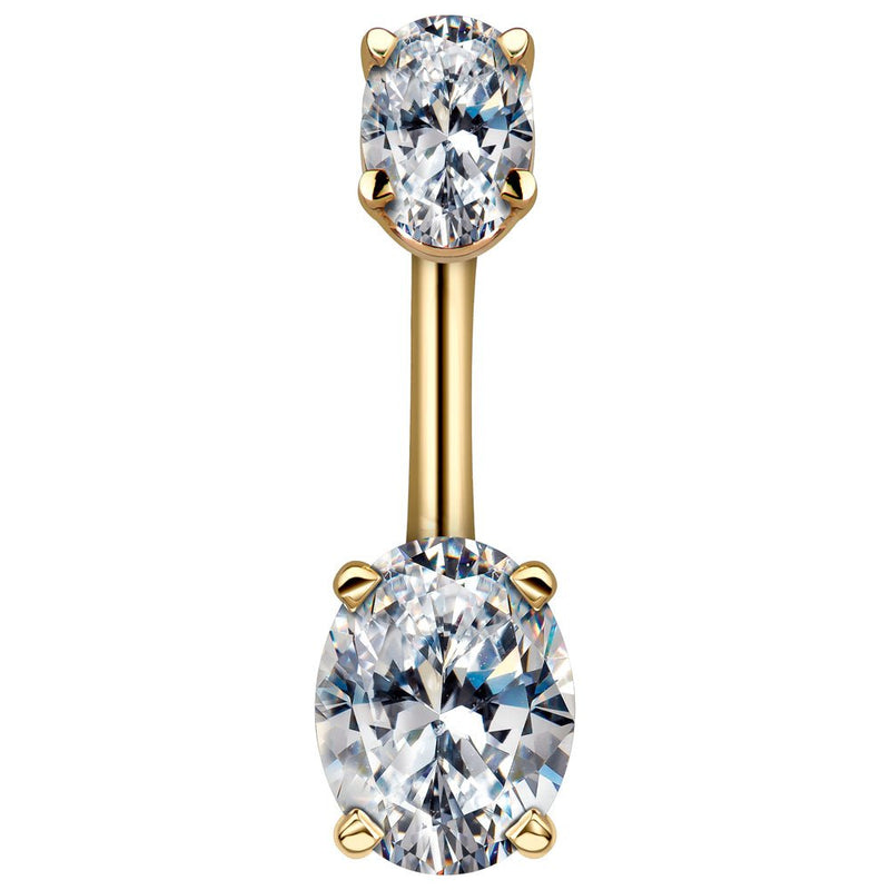 14k yellow gold belly ring with dual prong-set clear oval CZ stones, front view