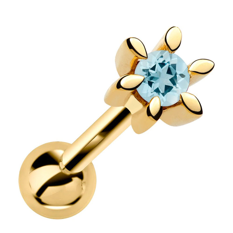 14k yellow gold flower cartilage stud with light blue aquamarine gemstone, front view